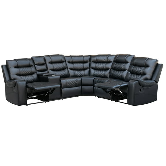Hybition L-Shaped Reclining Sectional Sofa with Cup Holders, Storage Box, Manual Recliners, Black Faux Leather Home Theatre Corner Couch