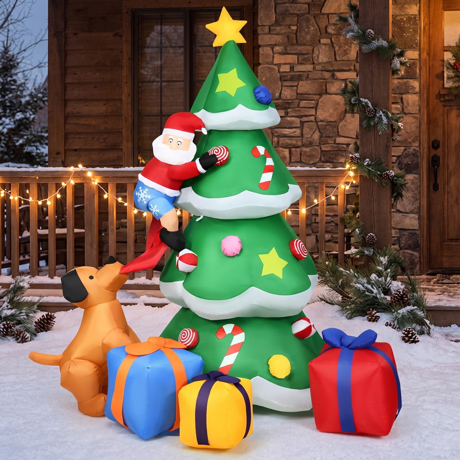 RUIE 7 FT Inflatable Christmas Tree with LED Lights, Blow Up Santa Claus Yard Decoration for Outdoor Xmas Holiday Lawn Garden Party Decor, Green