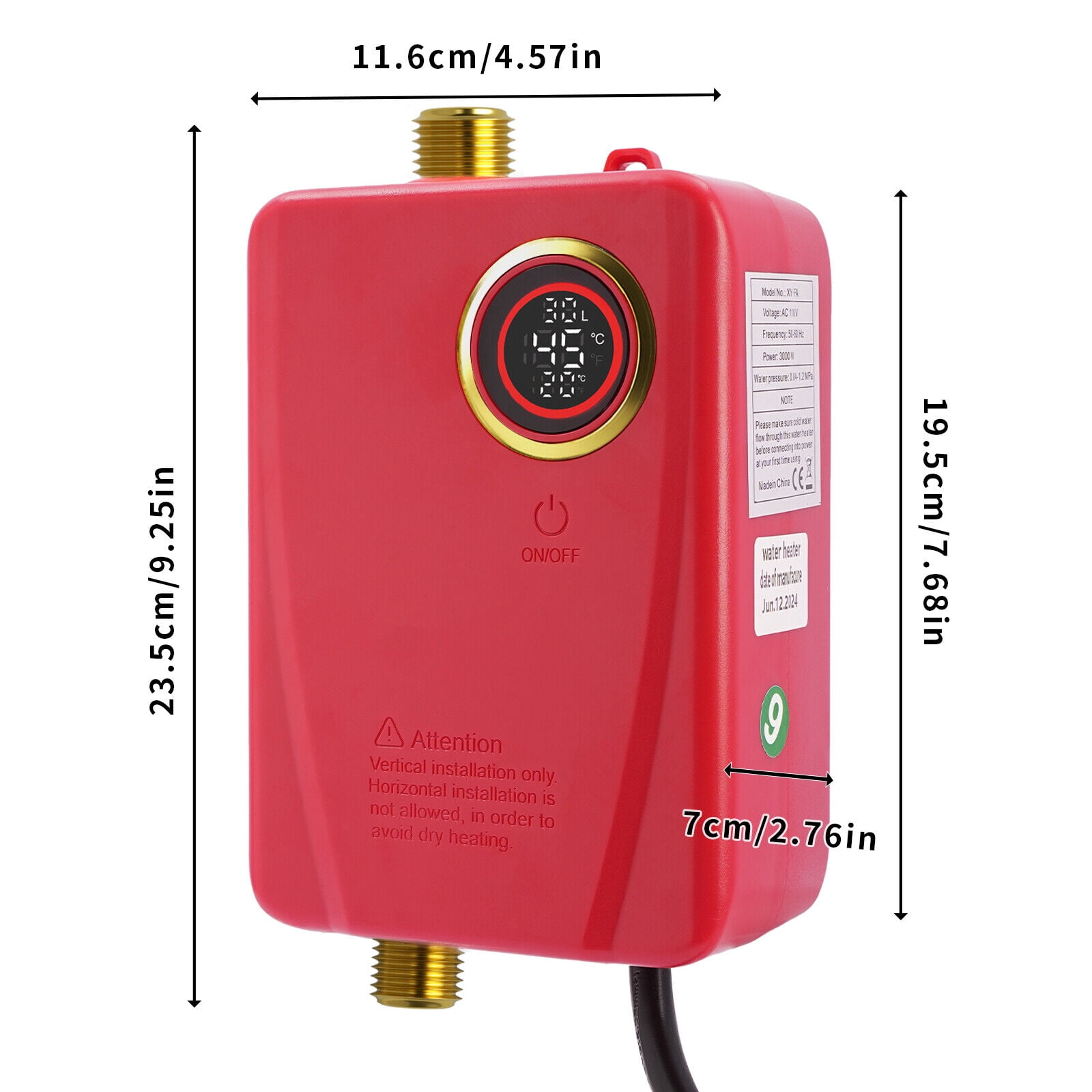 Electric Tankless Water Heater Portable Instant Hot Shower Kitchen Heater 3000W