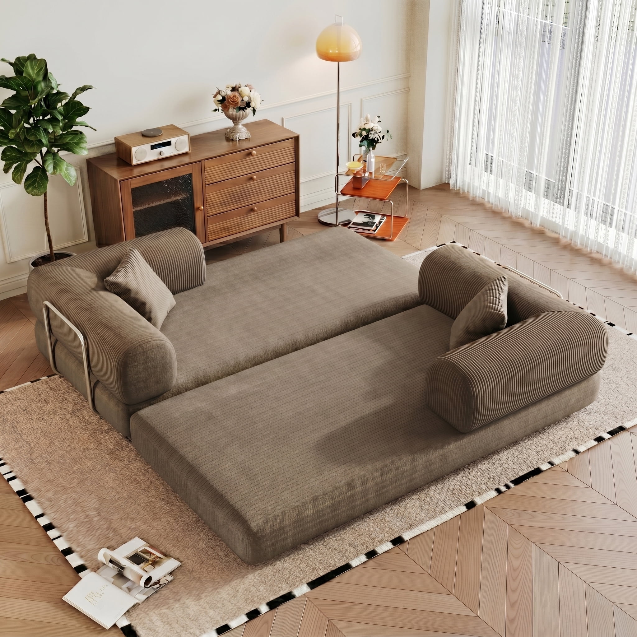 AISWORD Convertible Sleeper Sofa Bed with Cylindrical Pillow, Corduroy Folding Mattress Couch with Fixed-Shape Frame, Floor Sofa Lounge Couch, Camel