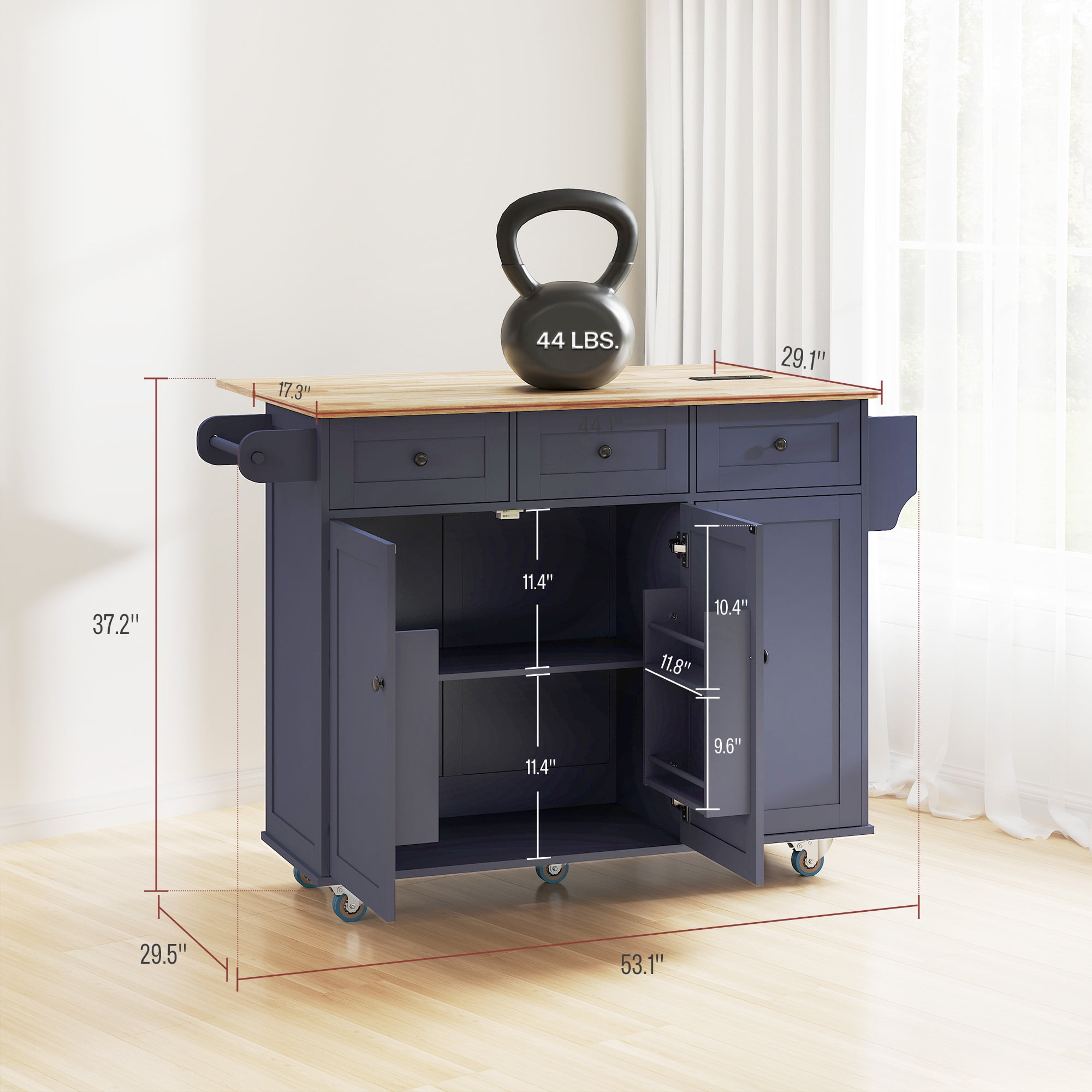 HOMCOM Mobile Kitchen Island with Power Outlet Drop Leaf Kitchen Cart Blue