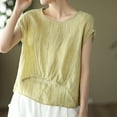 thumbnail image 2 of Women's Linen Tops Pleated Crew Neck Short Sleeve Shirts Casual Loose Lightweight Blouses Solid Color Clothes (XL, Yellow), 2 of 6