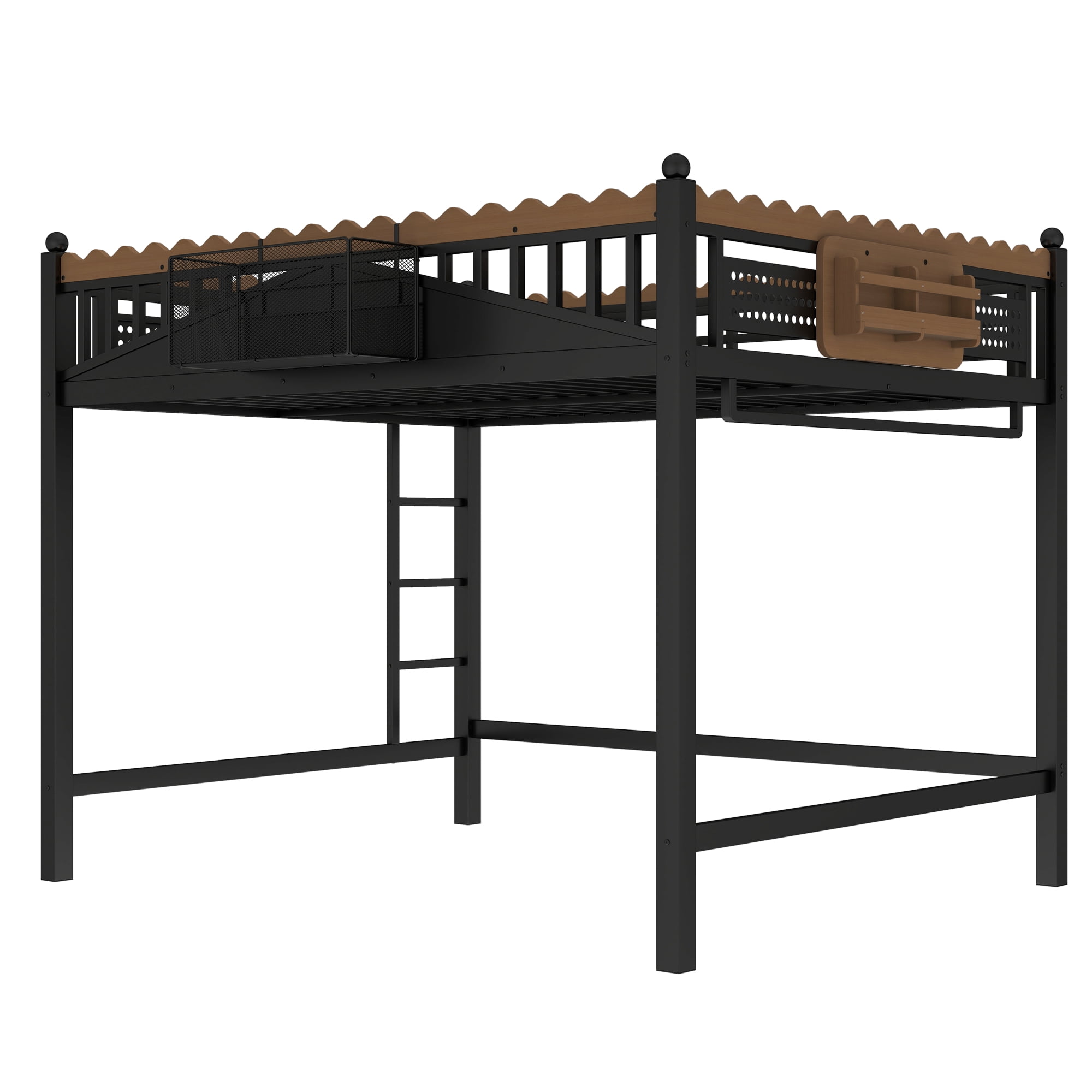 Leumius Queen Size Loft Bed,Metal Loft Bed with Storage Baskets and Bookshelf,High Loft Bed with Large Under-Bed Space,No Box Spring Needed,Black