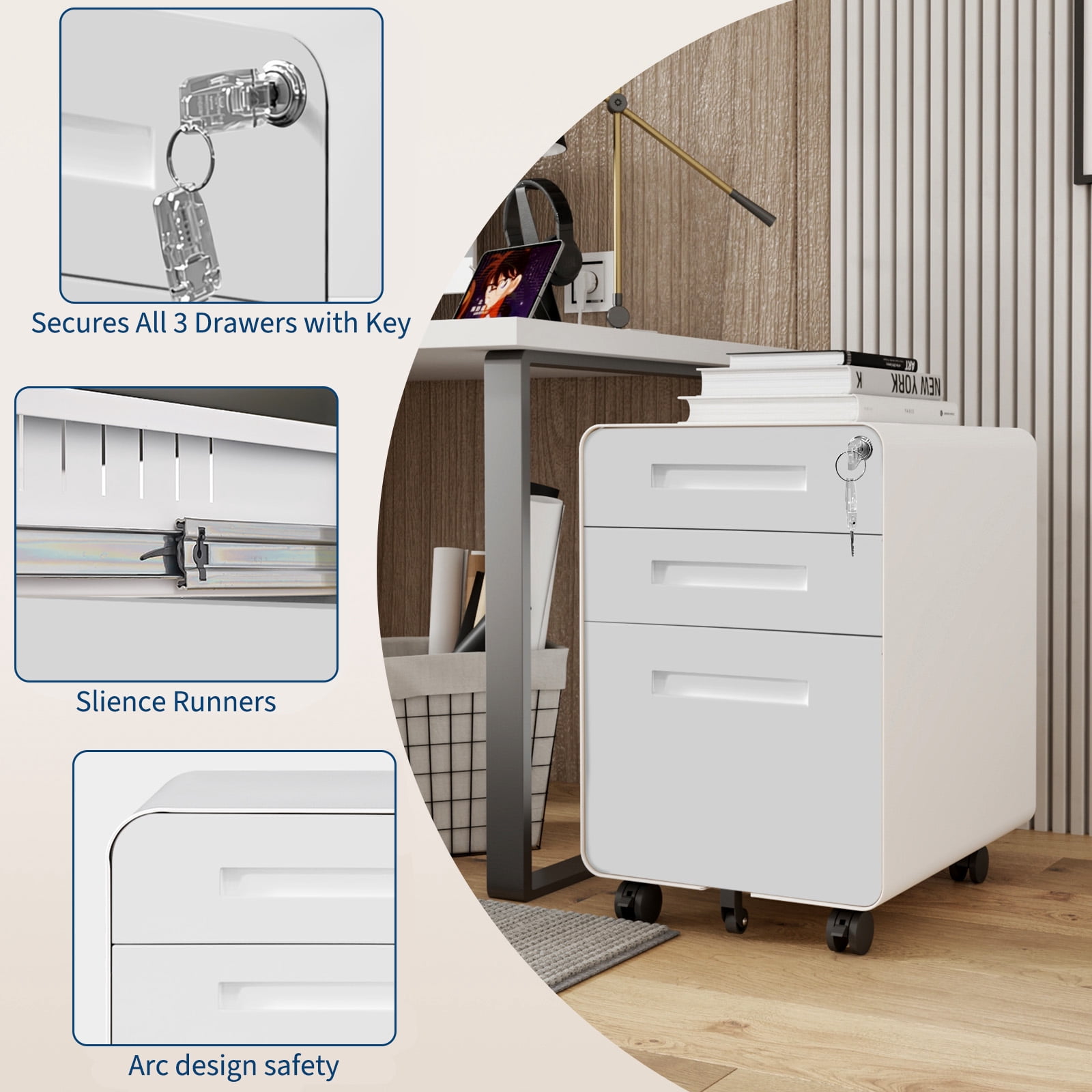 Towallmark Secure 3 Drawer Metal File Cabinet with Lock – Fully Assembled Mobile Filing Cabinet for Home Office, Anti-Tilt 5 Wheels, Under Desk Storage for A4/Letter/Legal Size – White
