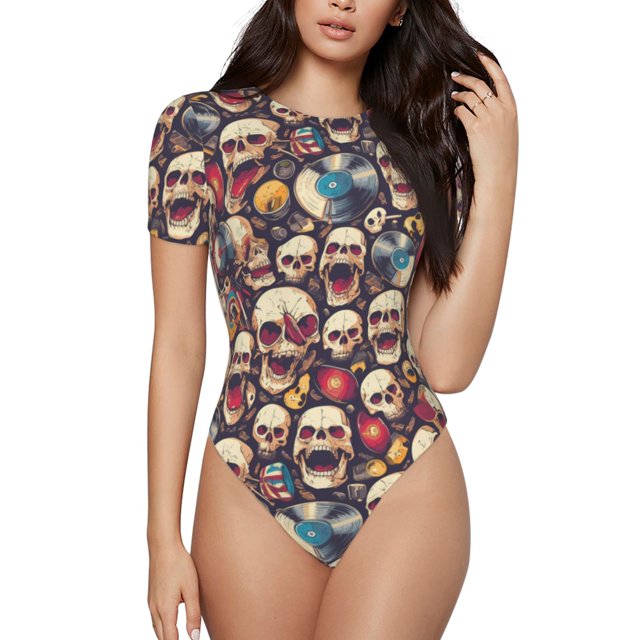 Balery rock record music Skull Body de cuello redondo de manga corta para mujer Tops de manga corta Tops básicos-XX-Large