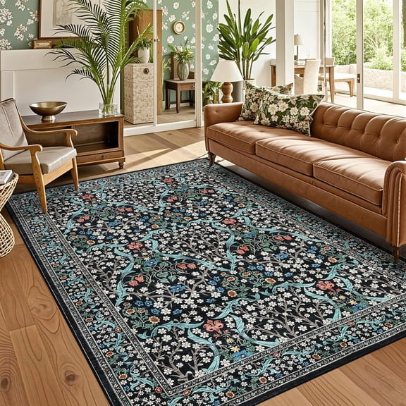 5x7 Floral Botanical Area Rug, Non Slip Washable Low Pile Stain Resistant Living Room Bedroom Carpet,black