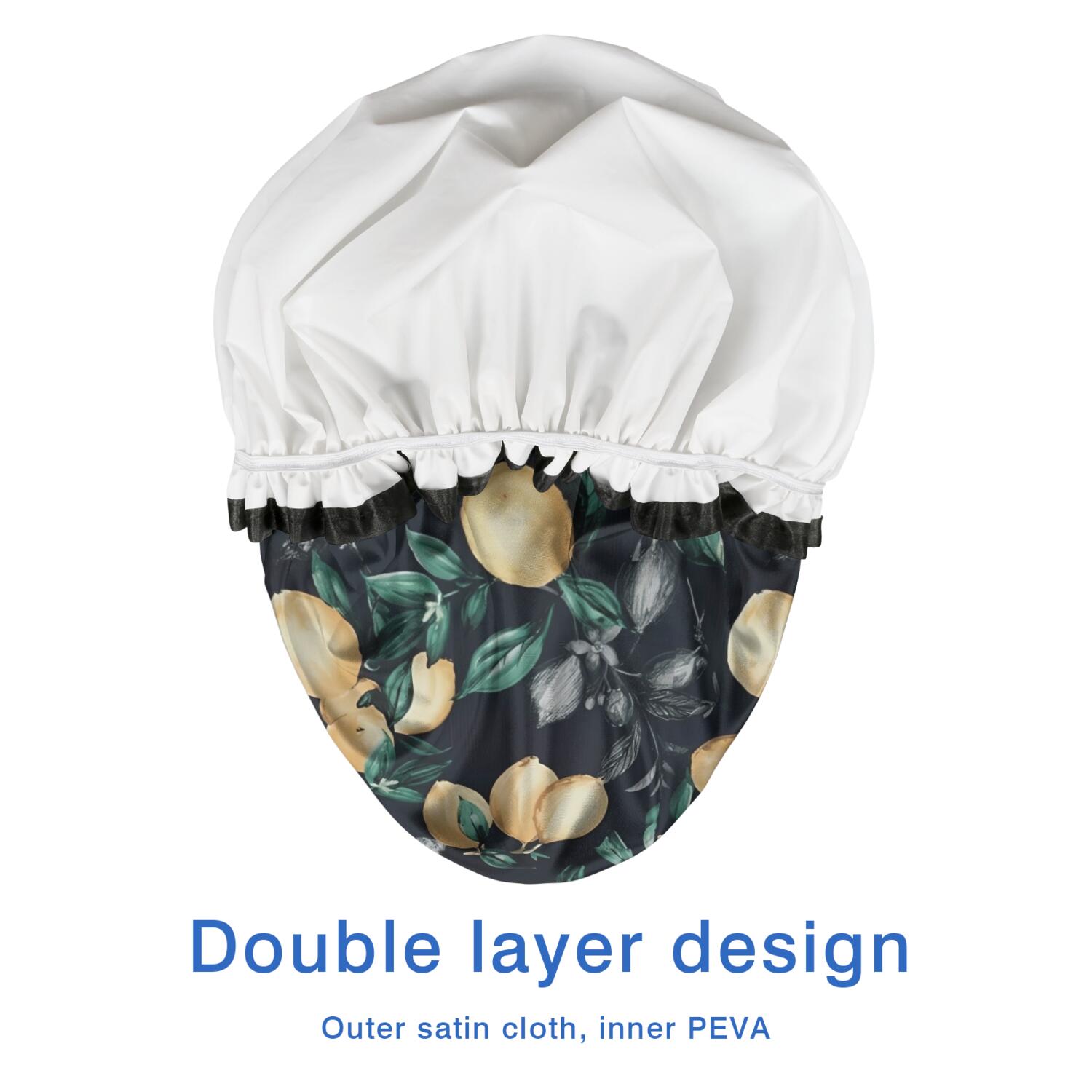 Shower Caps,Yellow Lemon Fruit Leaves Black Pattern Waterproof Shower Cap for Women 4 Pieces,Double Reusable Hair Cover for Shower PEVA Elastic Stretch Hem