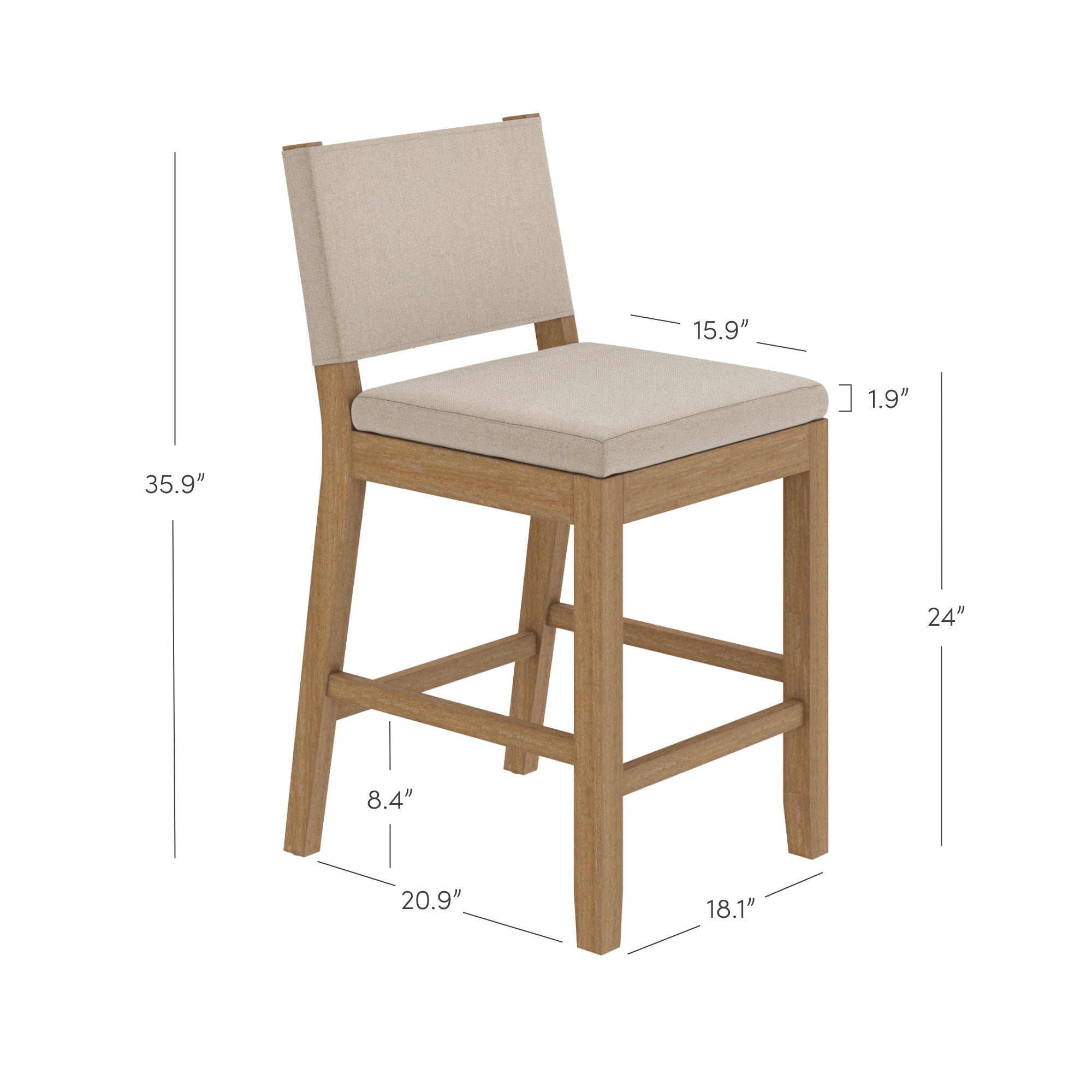 Nathan James Linus Modern Upholstered Counter Height Bar Stool with Back and Solid Rubberwood Legs in a Wire-Brushed Grey Finish, Natural Flax/Brown