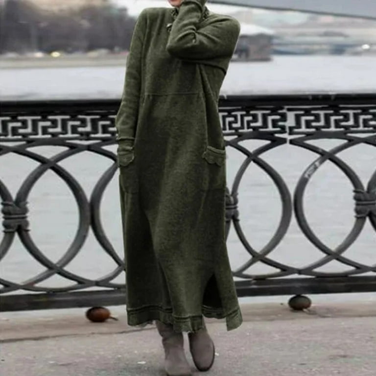 IROINNID Maxi Dress for Women Round Neck Winter Warm Solid Long Sleeve Long  Dress with Pocket,Olive Green - Walmart.com