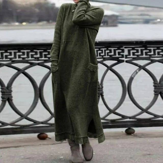 Styesk Robes pour Femmes Mode Féminine Col Rond Hiver Chaud Couleur Manches Longues Poche Longue Robe