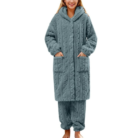 DuoJiaJ Women Fuzzy Pajama Set Warm Fluffy Long Sleeve Sleepwear Plush Loungewear Thermal Nightwear With Pockets Plus Size Pajamas Women Blue