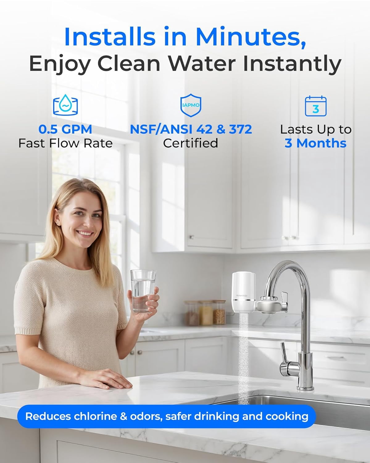 Waterdrop 320-Gallon Long-Lasting Water Faucet Filtration System with Ultra Adsorptive Material, Faucet Water Filter - Fits Standard Faucets