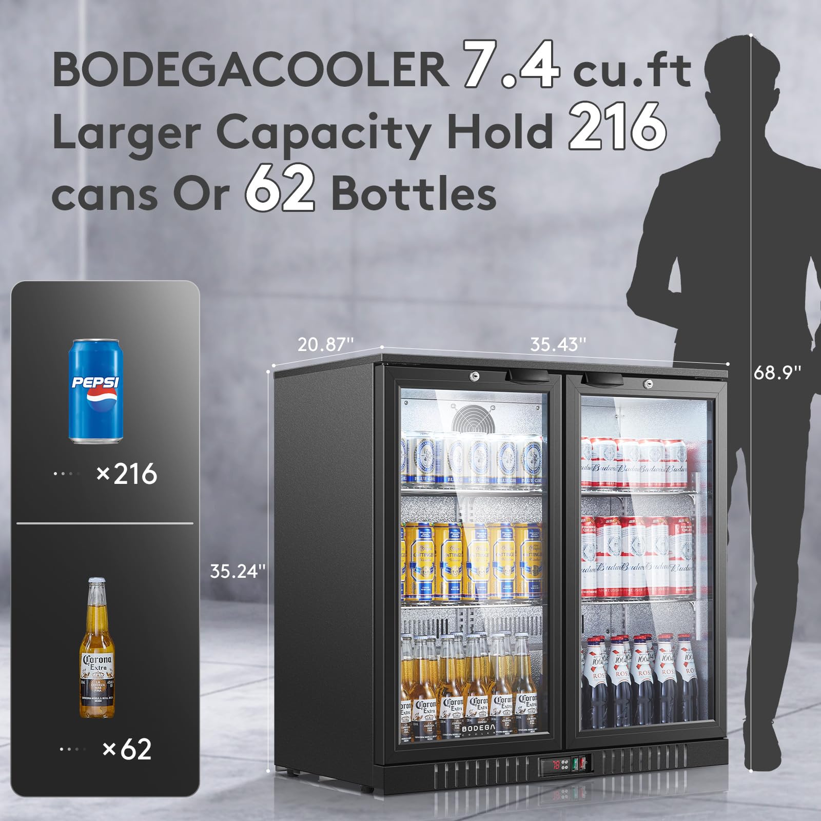 Back Bar Cooler With 2 Glass Doors, BODEGACOOLER 7.4 Cu.Ft. Capacity Back Bar Fridge with LED Lighting, Commercial Under counter Display Fridge for Beer, Soda Drinks, Wine