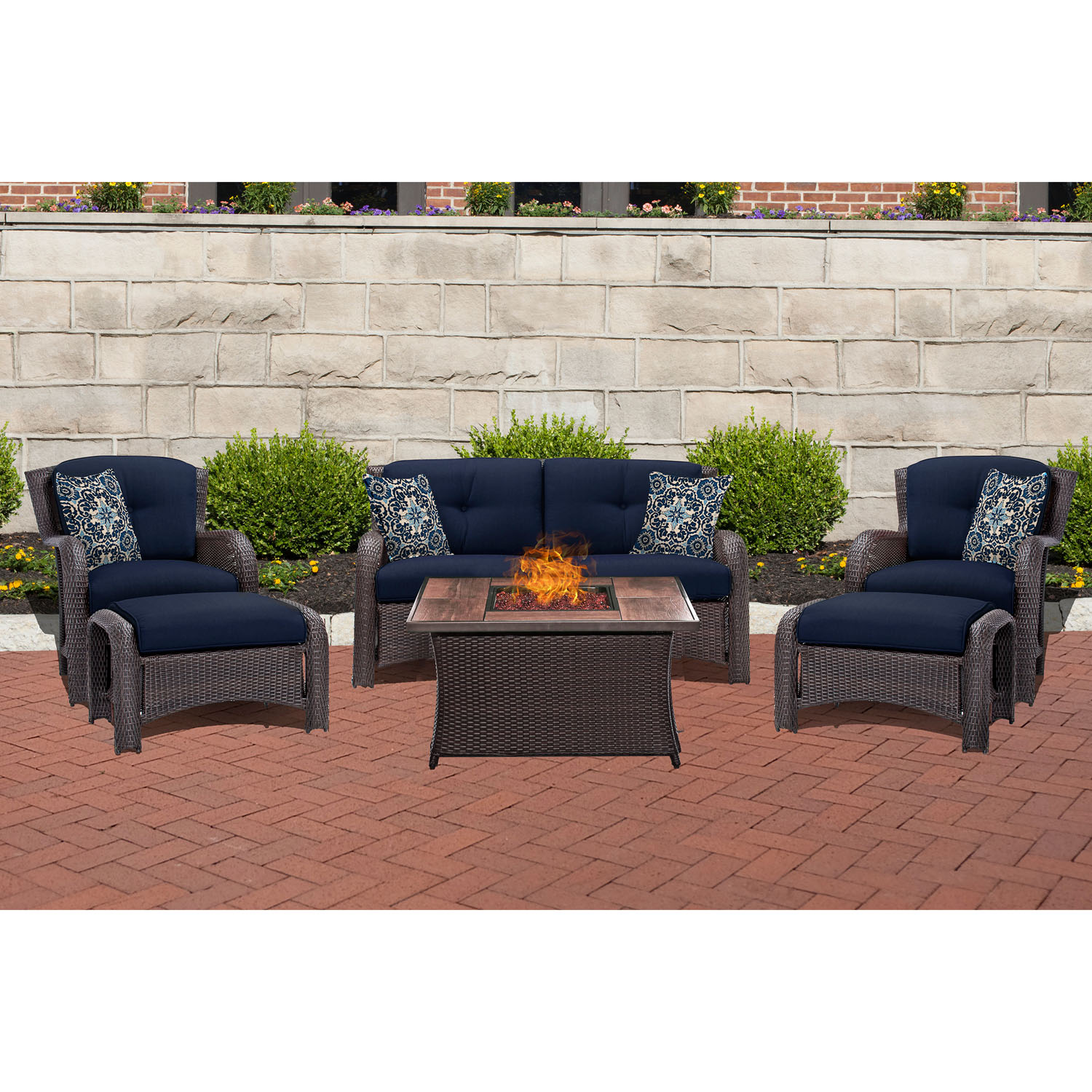 Hanover Strathmere 6-Piece Hand-Woven Wicker Chat Set with Fire Pit Table | Luxury Outdoor Furniture | UV Protected Cushions | Rust and Weather Resistant Frame | Navy | STRATH6PCFP-NVY-WG - image 3 of 12