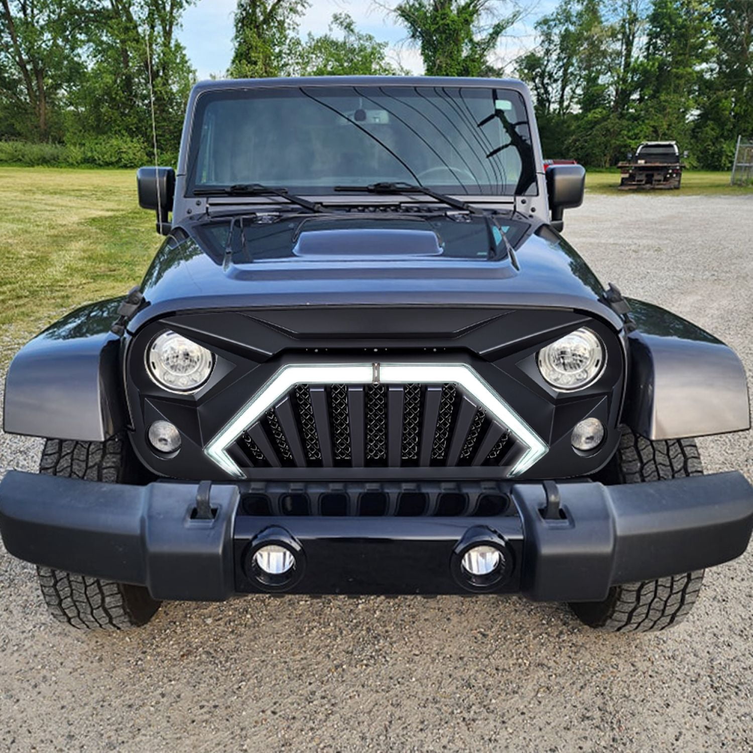 AMERICAN MODIFIED Front Goliath Grille w/LED DRL and Turn Signal Lights Matte Black For 2007-2018 Jeep Wrangler JK JKU