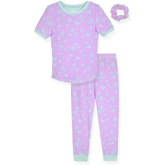 Sleep On It Girls 2-Piece Super Soft Jersey Snug-Fit Pajama Set with Matching Scrunchie - Butterflies Delight, Purple & Blue, Size 14