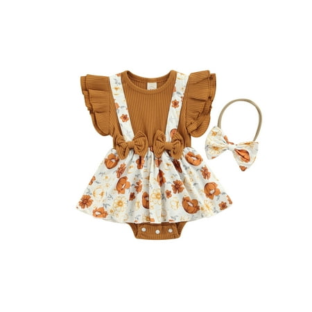 

Binpure Infant Baby Girls Summer Romper Ruffled Fly Sleeve Floral Printed Dress-Like Patchwork Bodysuit+Bow Headband