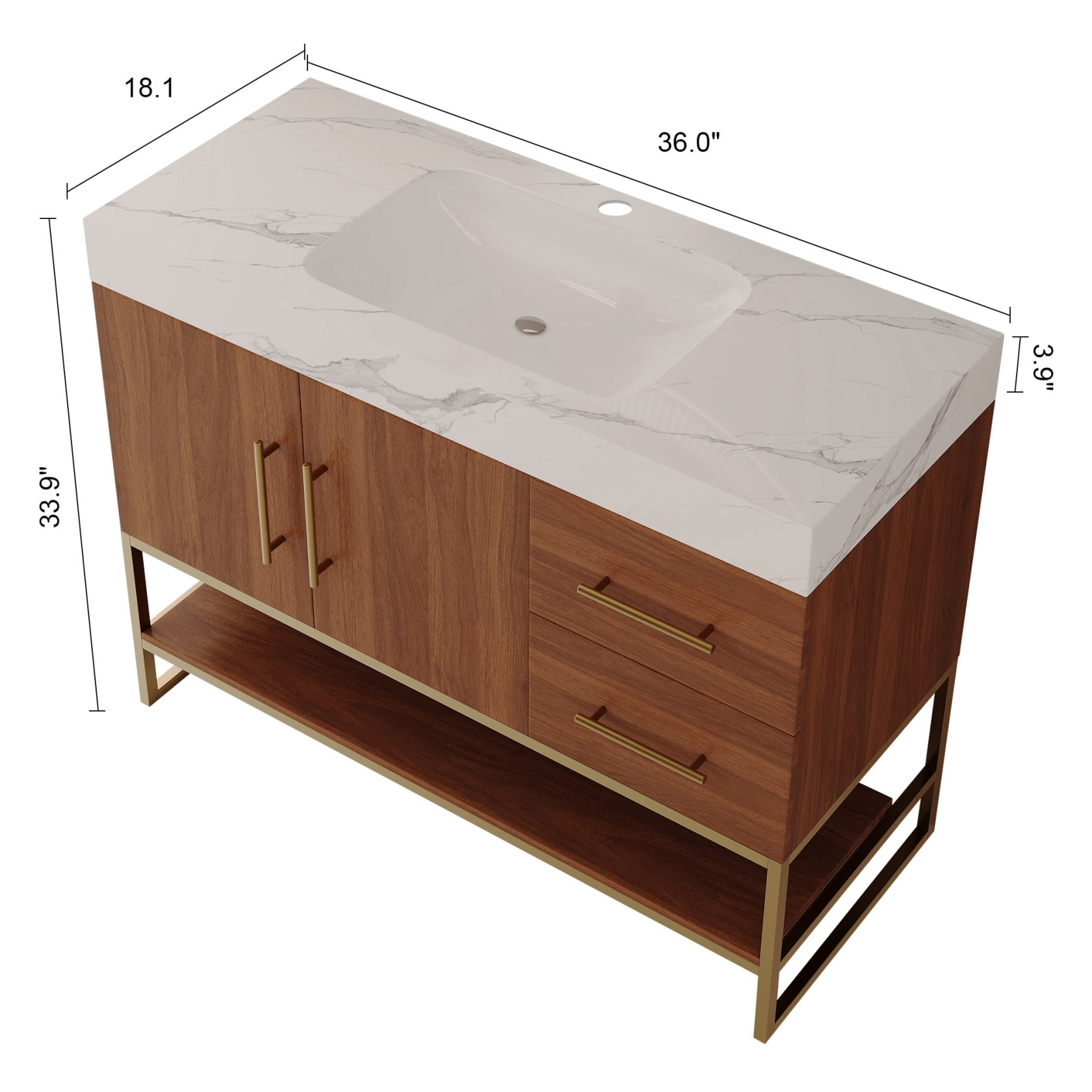 36" Bathroom Vanity with Sink, Freestanding Bathroom Storage Vanity Cabinet with 2 Soft Closing Doors, 2 Drawers and Storage Shelf, Walnut