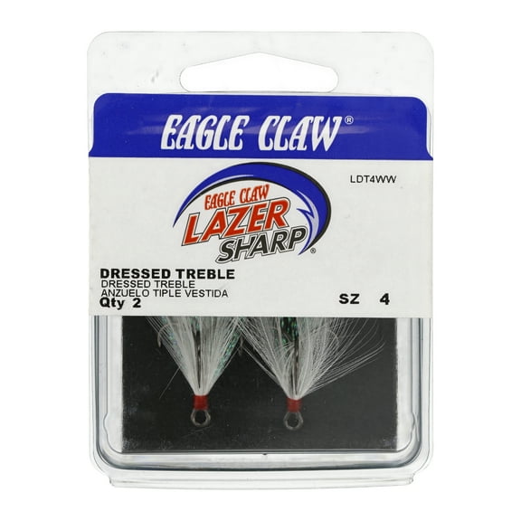 Eagle Claw Lazer Sharp Dressed Treble Fishing Hooks, White, Size 4, 2 Count