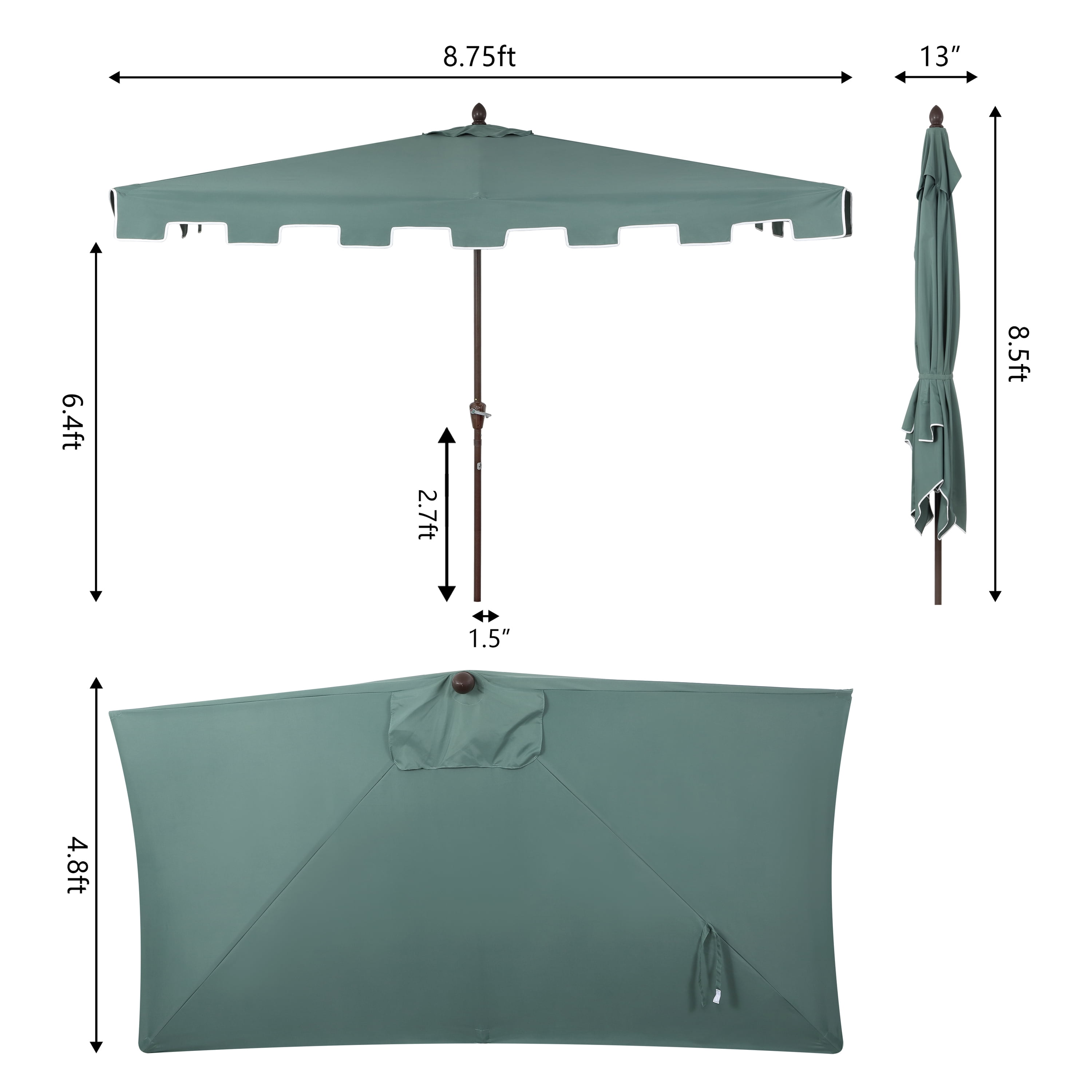 JONATHAN Y Sidney 9 ft. Half Market Patio Umbrella, Classic Mid-Century Rectangular with Crank, Wind Vent and UV Protection, Green/White