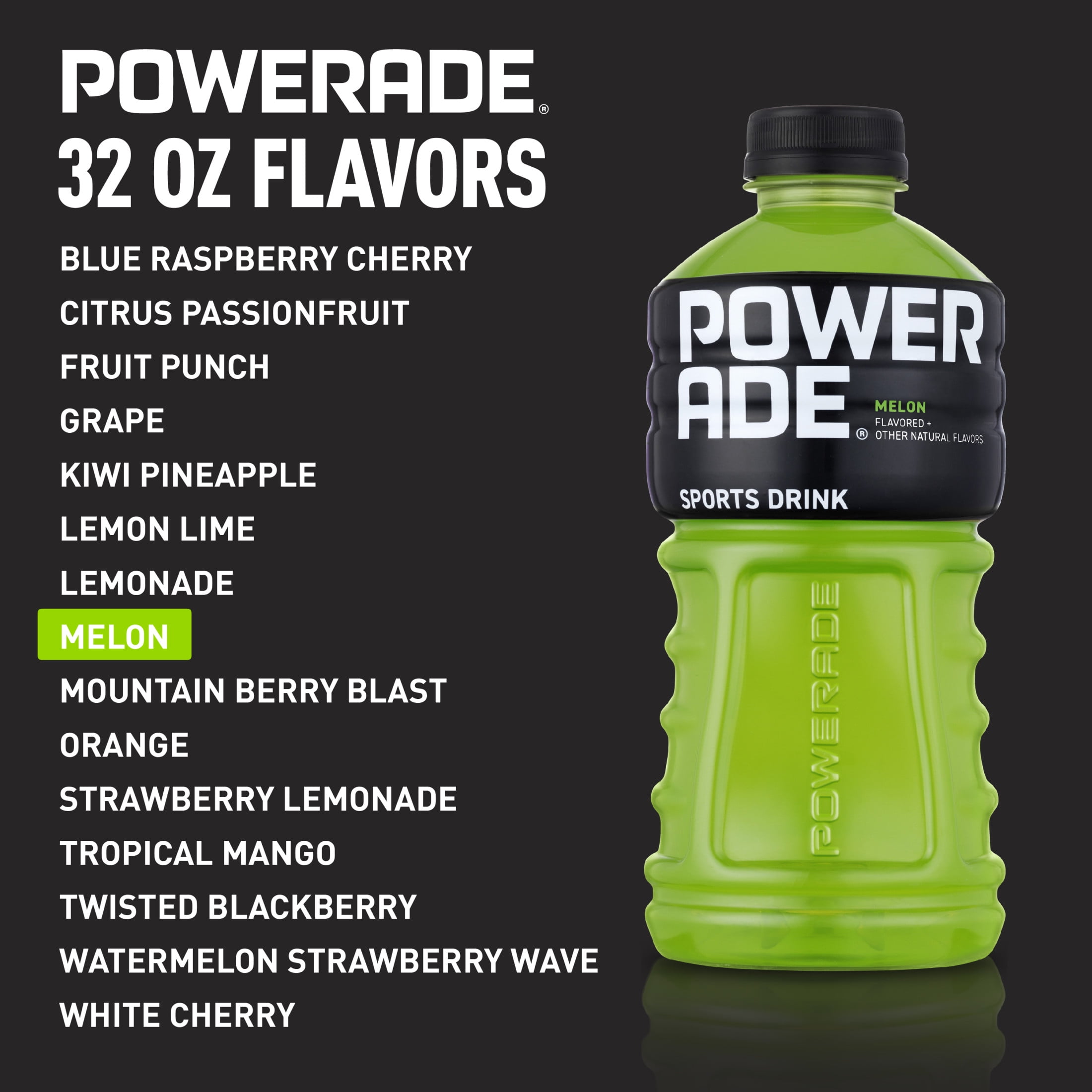 POWERADE Melon, ION4 Electrolyte Enhanced Fruit Flavored Sports Drink w/ Vitamins B3, B6, and B12, Replenish Sodium, Calcium, Potassium, Magnesium, 32 fl oz