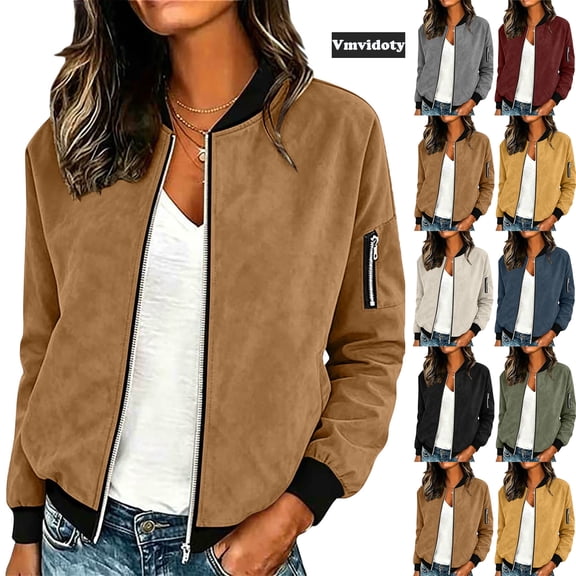 Vmvidoty Womens Bomber Jacket Holiday Lightweight Casual Outerwear Long Sleeve Going Out Tops Fall Spring Fashion Short Coats with Pockets Brown L