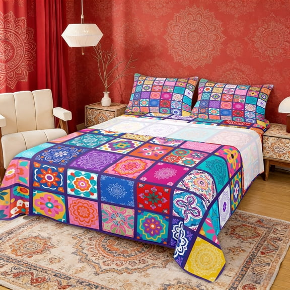 Erosebridal Colorful Mandala Full Size Sheets for Girls, Bohemian Blossoms Bed Sheets, 4 Pieces 1 Flat Sheet, 1 Fitted Sheet and 2 Pillowcases