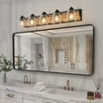 thumbnail image 3 of Farmhouse Vanity Light Fixture, 5-Light Bathroom Wall Sconce with Clear Seeded Glass Shades, Rustic Black Finish with Wood Backplate, Modern Industrial Design for Bathroom or Powder Room (No Bulbs), 3 of 12