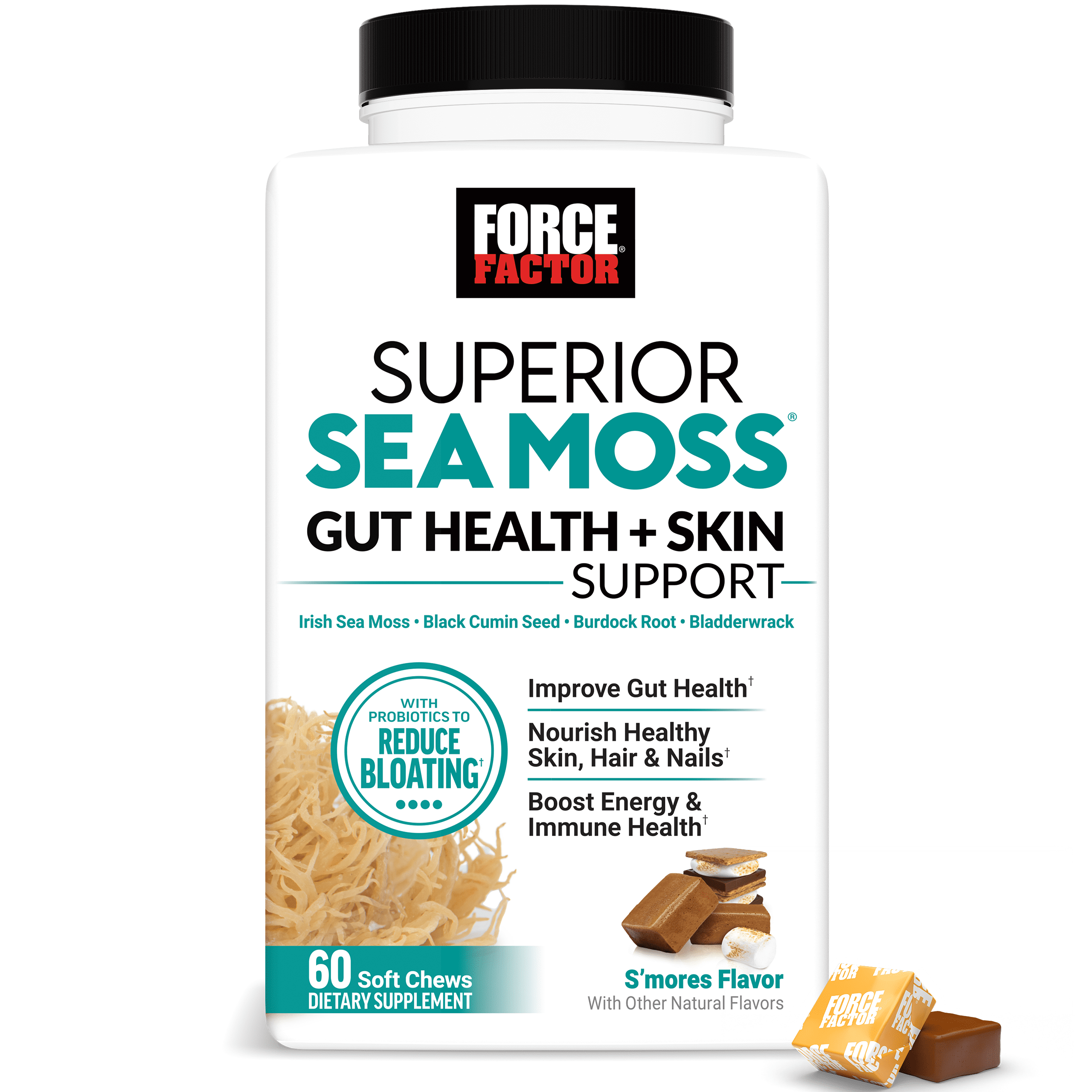 Force Factor Superior Sea Moss Gut Health + Skin Support with Irish Sea Moss, Probiotics, Biotin, Black Seed & Burdock Root, S’mores, 60 Soft Chews