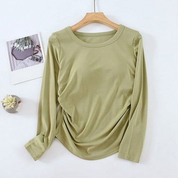 Pijama de manga larga para mujer, blusa de poliéster, color liso, cuello redondo, manga larga, con sujetador acolchado en el pecho