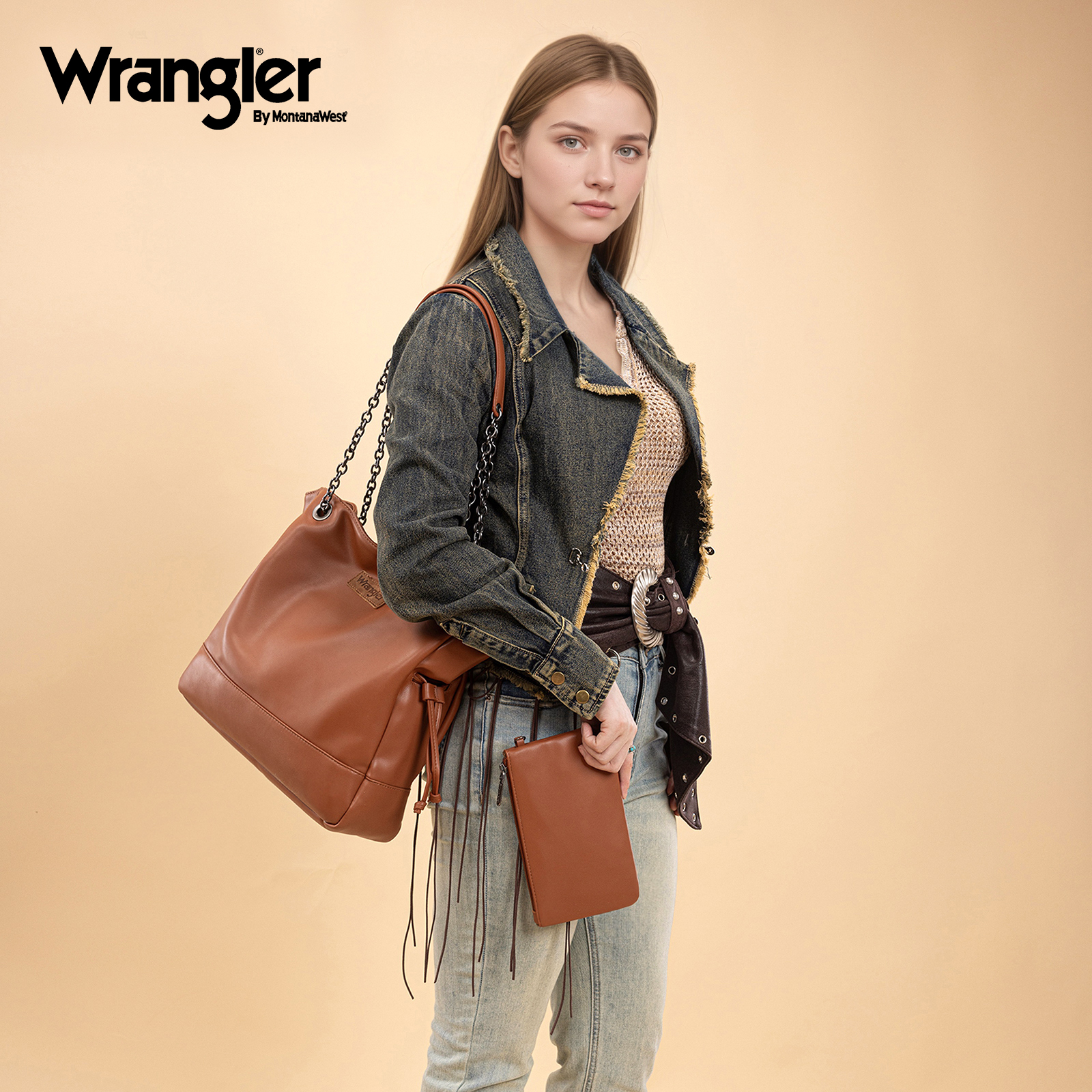 Wrangler Tote Bag for Women 2PCS Purses and Handbags Drawstring Shoulder Bag with Chain Straps, Brown