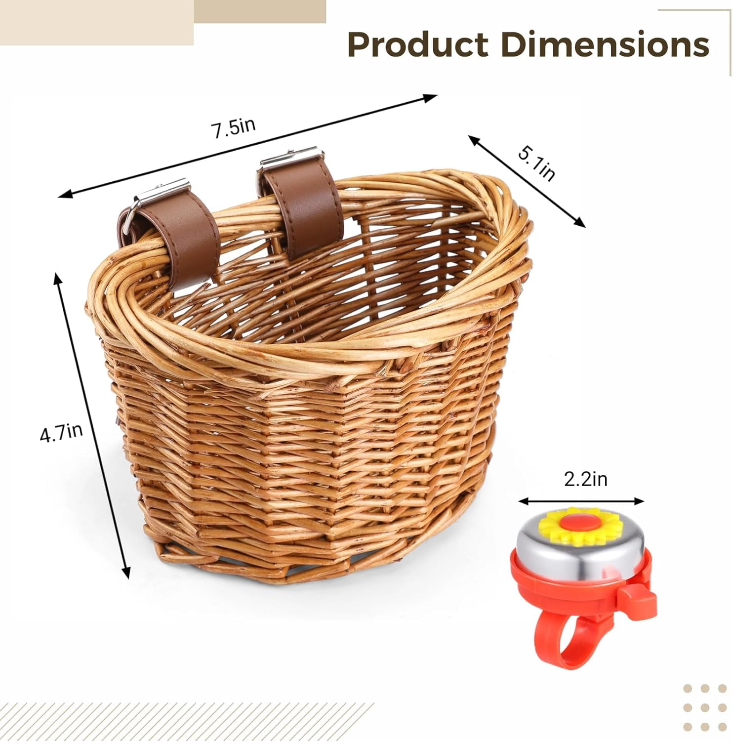 Bike Basket with Adjustable PU Belts, Handmade Woven Rattan Front Handle Basket for Bicycle