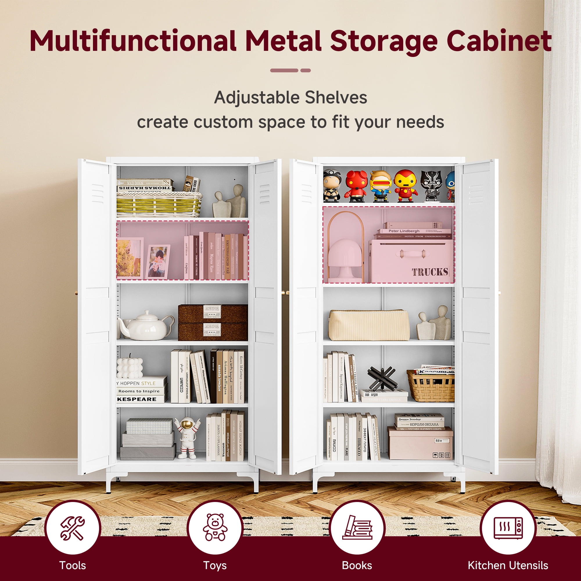 AUHUP Pantry Cabinet with 4 Adjustable Shelve, 61"H White Metal Storage Cabinet for Kitchen, Dining Room, Living Room