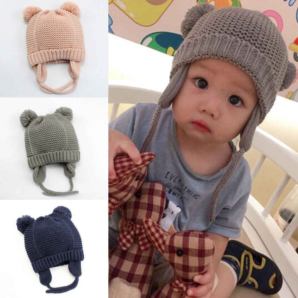 Toddler Kids Girl Boy Winter Warm Knit Eyelashes Print Double Wool Ball Hat Cap 