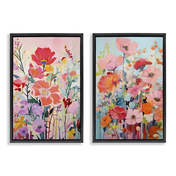 Stupell Industries Bright Contemporary Flowers Plants & Flowers Painting Black Floater Framed Canvas Art Print Wall Art, 17 x 25, Set of 2