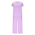 thumbnail image 3 of Fmbrln Womens Plus Size 2 Piece Sets Summer Casual Solid Color Crew Neck Short Sleeve Tops and Elastic Waist Wide Leg Pants with Pockets Sets Lounge Comfy Outfits Purple 2XL, 3 of 5
