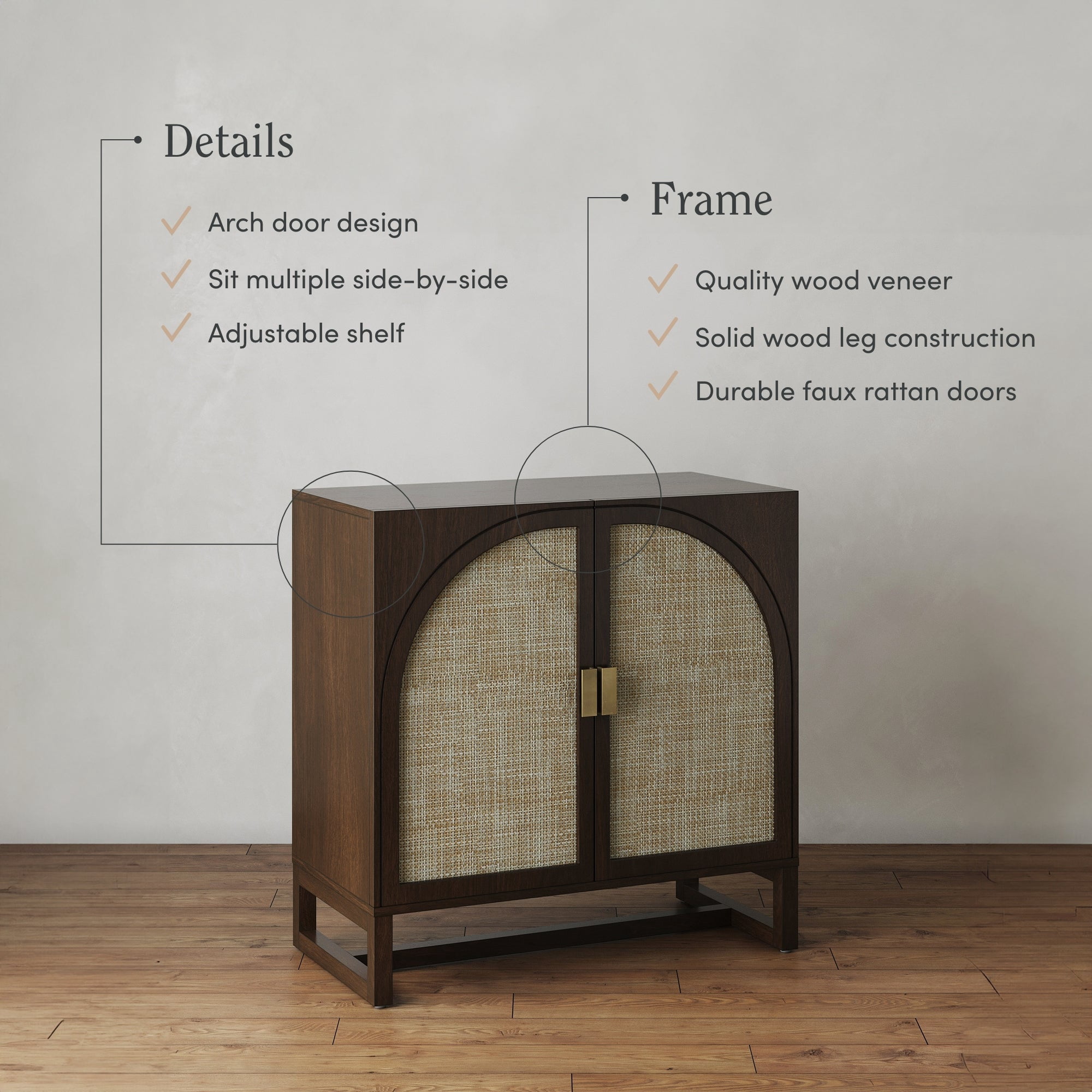 Nathan James Paxton Boho Wood Storage Cabinet with Doors, Small Storage Cabinet for Living Room or Kitchen with Rattan Door Details, Dark Walnut