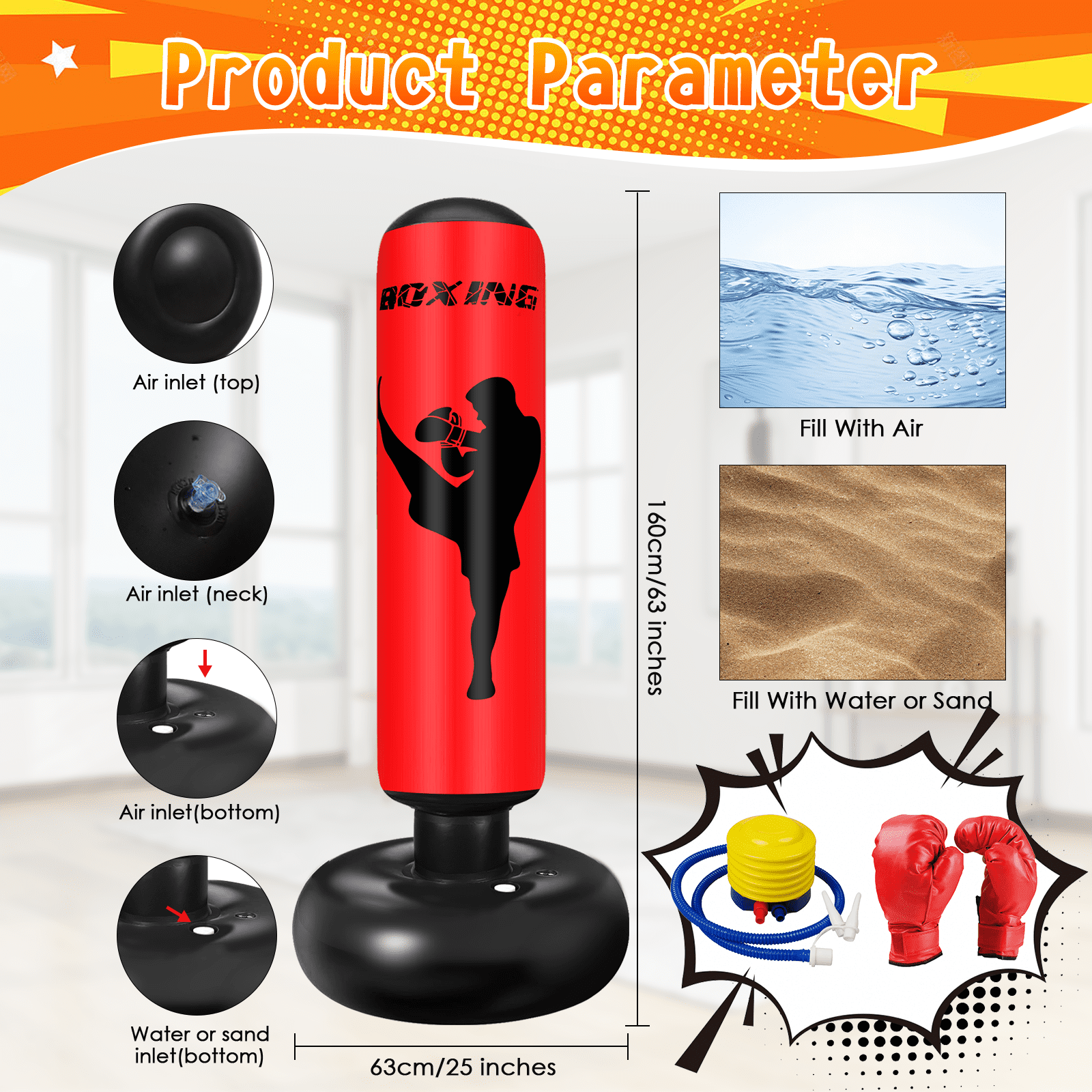 Fohil Punching Bag for Kids Adults, 63 inch Freestanding Heavy Boxing Bag with Boxing Gloves and Pump, Punching Bag Set Toy, for Practicing Karate, Taekwondo, De-Stress, Gifts
