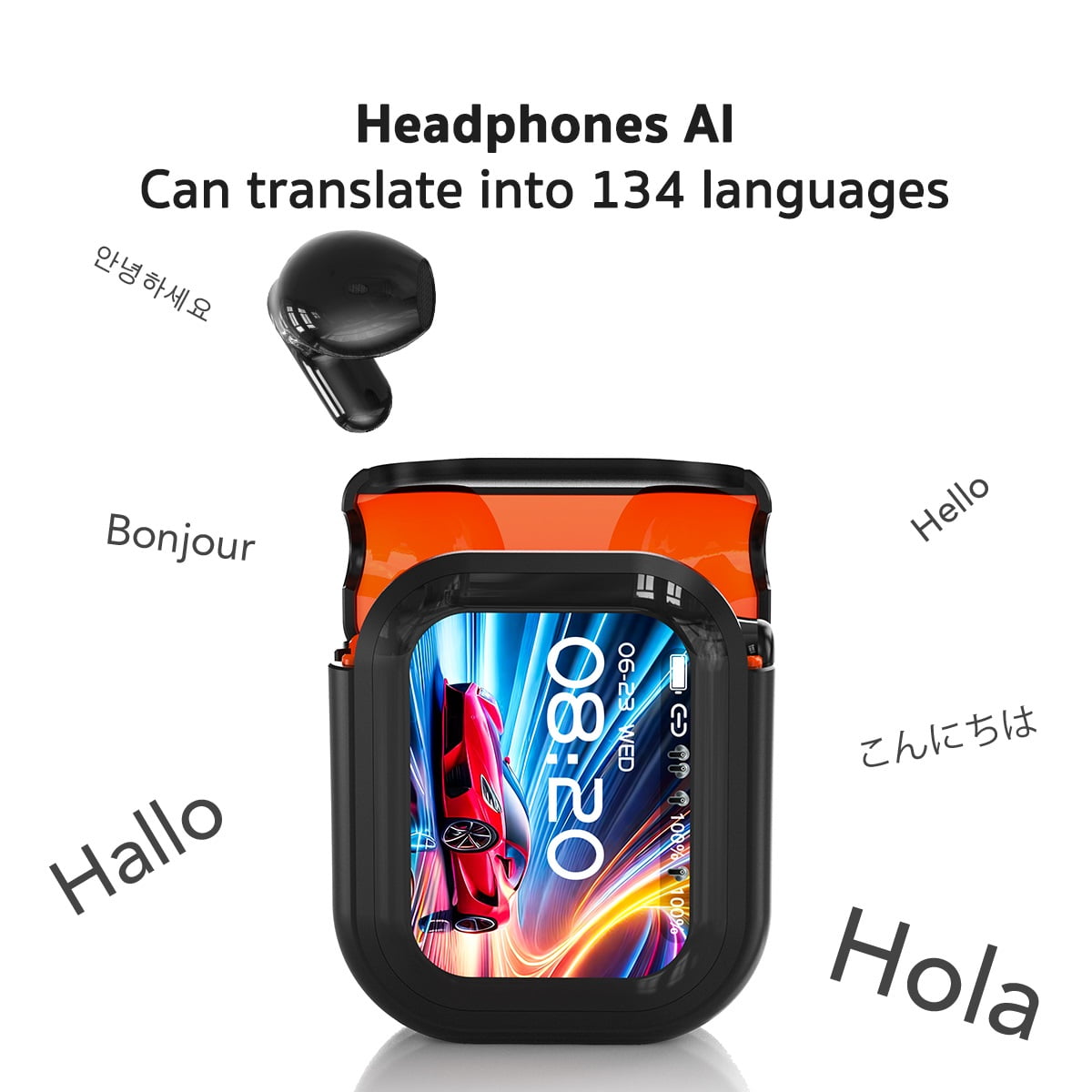 NE20 Wireless Bluetooth 6.0 In-Ear Earbuds, AI Translator, Noise-Cancelling Headphones, LED Touch Screen, 135+ Languages, 24H,Black + Ear Bag