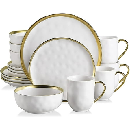 

LOVECASA Series Sweet 16-Piece Stoneware Dinnerware Sets White Gold Dinner Set Service for 4
