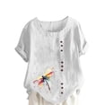 thumbnail image 3 of Yxbdin Plus Size Shirts for Women Linen Roll Up Short Sleeve T Shirts Floral Print Crew Neck Tops Casual Summer Vacation Shirt for Going Out White*6 XXXL, 3 of 6