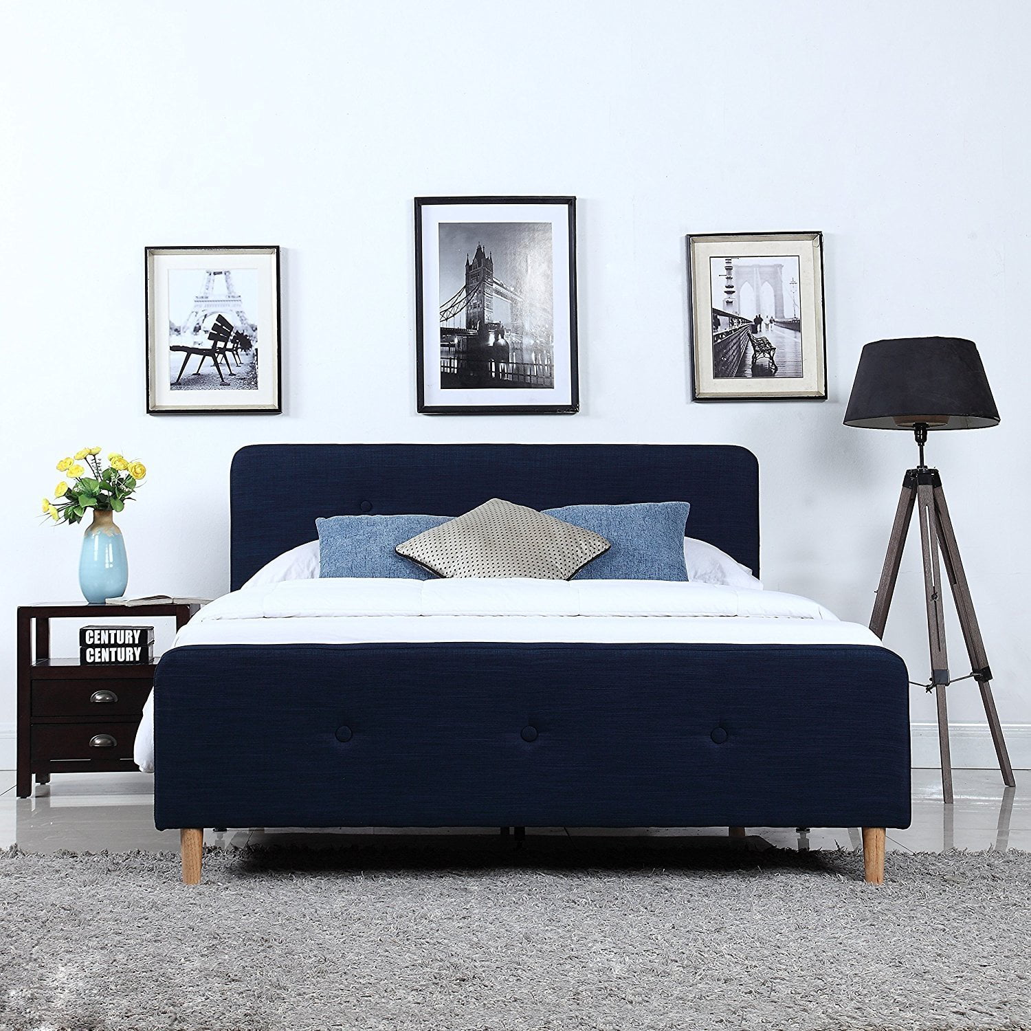 Mid Century Modern Linen Fabric Low Profile Bed Frame (Queen, Blue