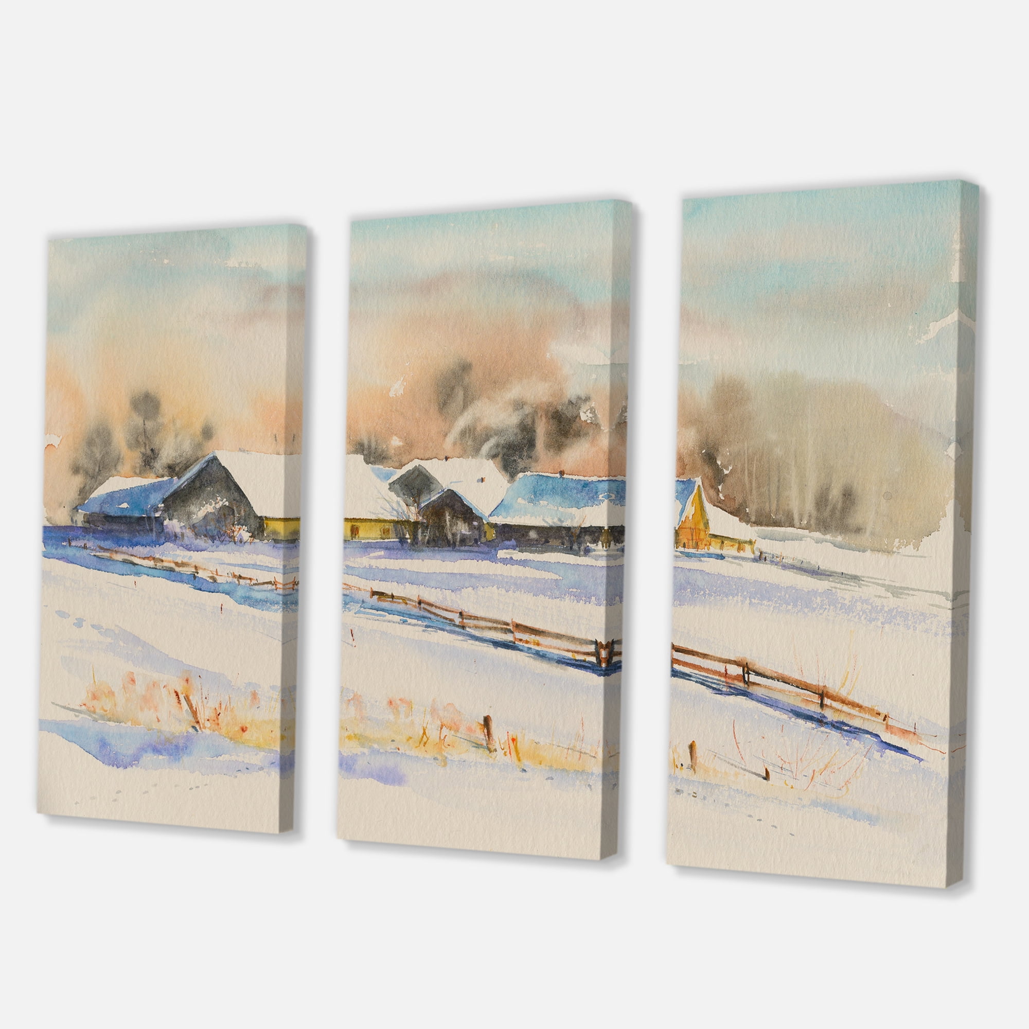 Designart ' Small VIllage At Evening Covered With Snow ' Traditional Canvas Wall Art Print