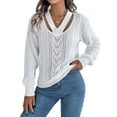 thumbnail image 3 of Women Casual Hollowed Out V-Neck Pullover Sweater Knit Long Sleeve Shirts Top Sweaters White XL, 3 of 9