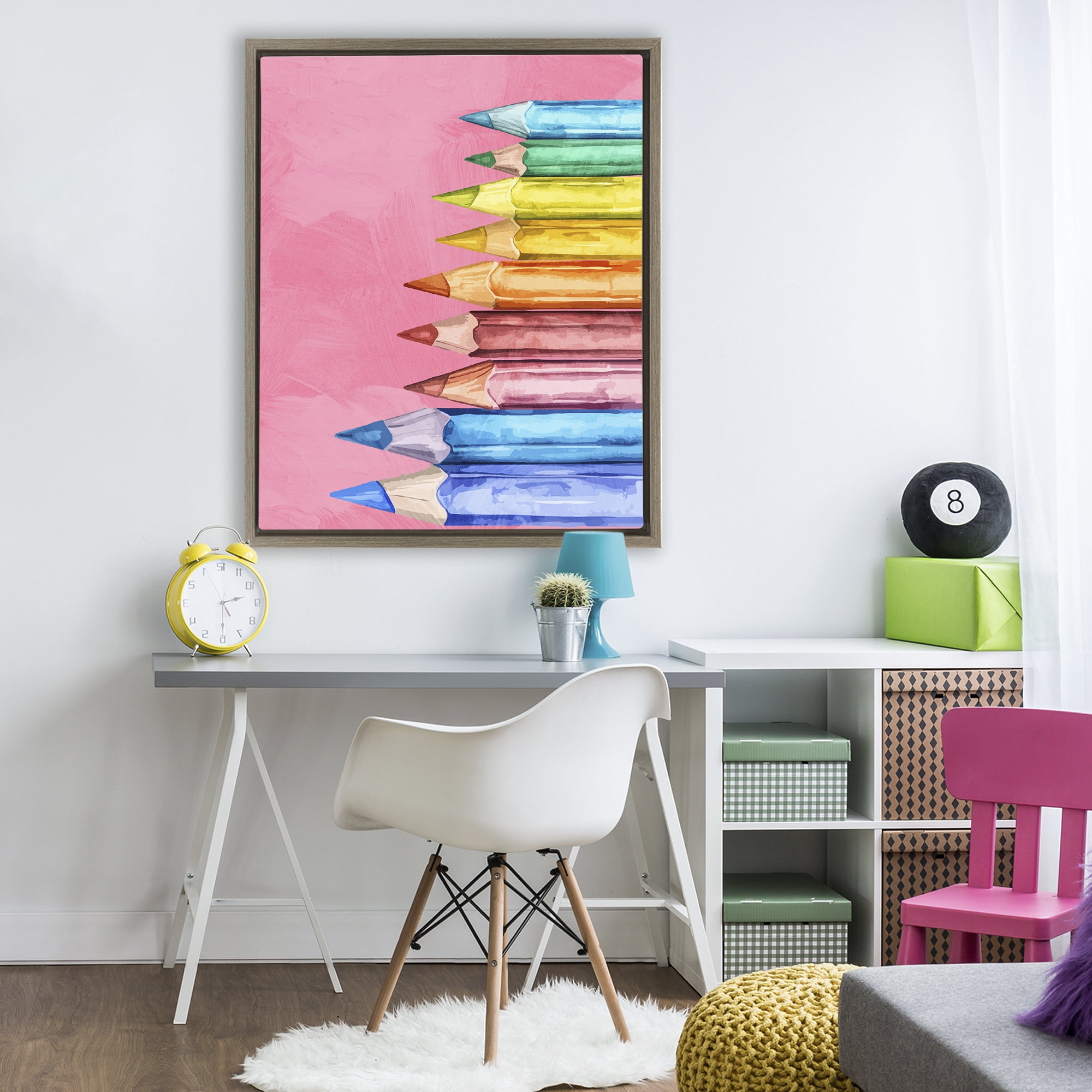 Stupell Industries Vibrant Pencils on Pink Brown Framed Floater Canvas Wall Art, design by Kim Allen