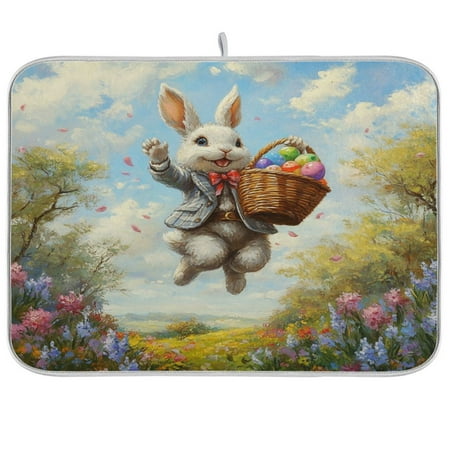

WOBOGO Cheerful Easter Bunny Kitchen Drying Mat Heat Resistant Drainage with Non-Slip Rubber Backing Hides Stains Super Absorbent Easy to Clean 16×18in