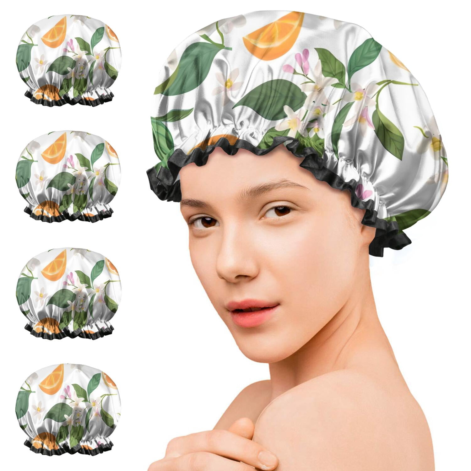 Shower Caps,Orange Fruits Flowers White Pattern Waterproof Shower Cap for Women 4 Pieces,Double Reusable Hair Cover for Shower PEVA Elastic Stretch Hem
