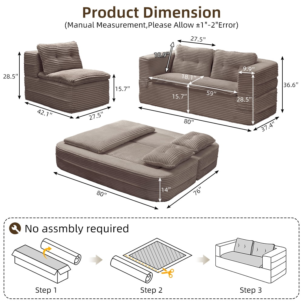 Anpport 80" King Size Convertible Sectional Sofa Bed, Plush Corduroy Deep Seat Couch with Chaise Lounge and Blanket, for Living Room Apartment, Coffee