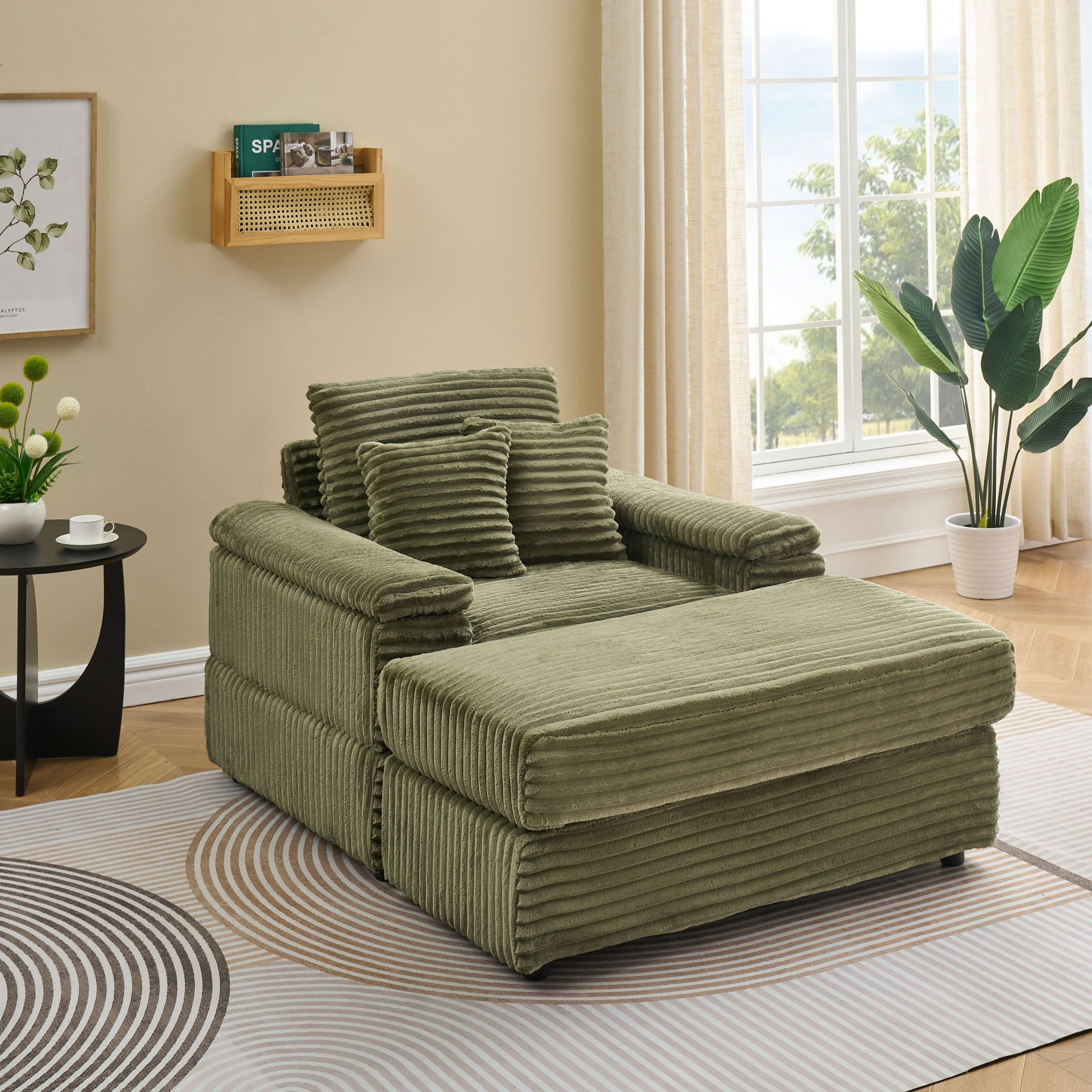 Chaise Lounge Chair Indoor,Upholstered Sofa Bed with Throw Pillows,Sleeper Chair for Living Room,Bedroom,Green