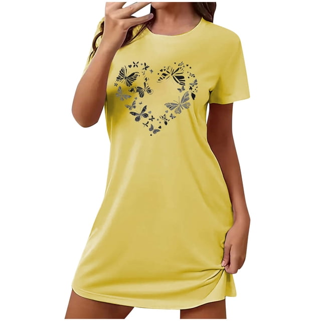 Chemise de Nuit pour Femmes, Robe de Nuit à Manches Courtes avec Imprimé Poitrine, Vêtement de Nuit Doux Grande Taille pour Femmes, Chemise de Nuit Décontractée Confortable pour Se Détendre et Dormir